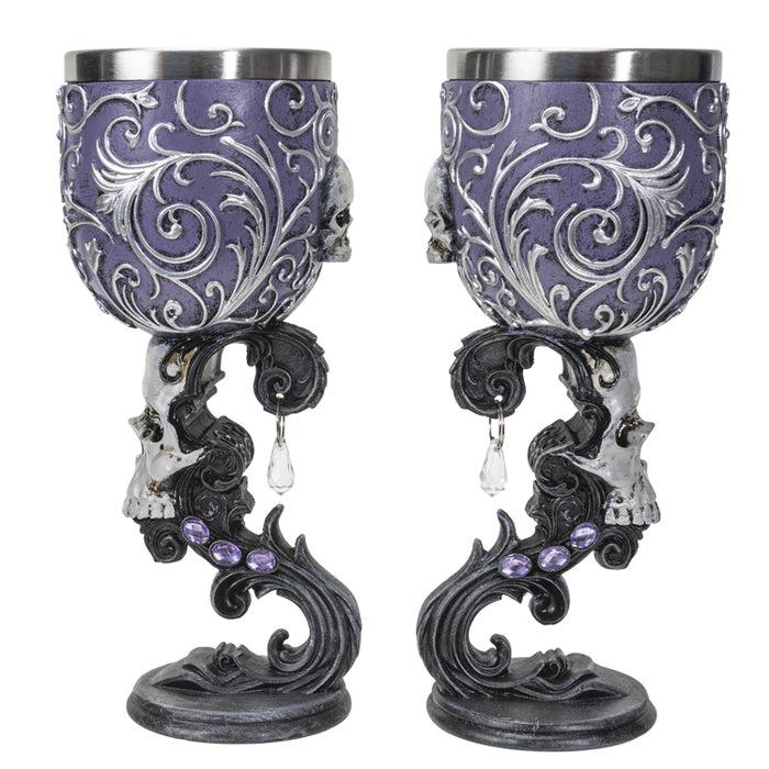 Ebros Gift Set Of 2 Gothic Death's Desire Silver Scrollwork Victorian Skull Wine Goblets