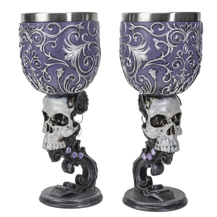 ebros gift Set Of 2 Gothic Death's Desire Silver Scrollwork Victorian Skull Wine Goblets