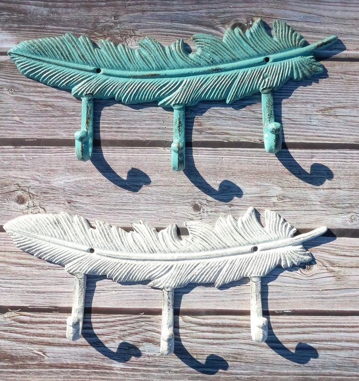 ebros gift Set of 2 Green White Native Indian Dreamcatcher Feathers 3-Pegs Triple Wall Hook