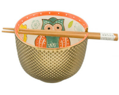 ebros gift Set of 2 Luxury Gold Plated Ramen Noodle Bowls W/ Chopsticks Tropical Sun Owl