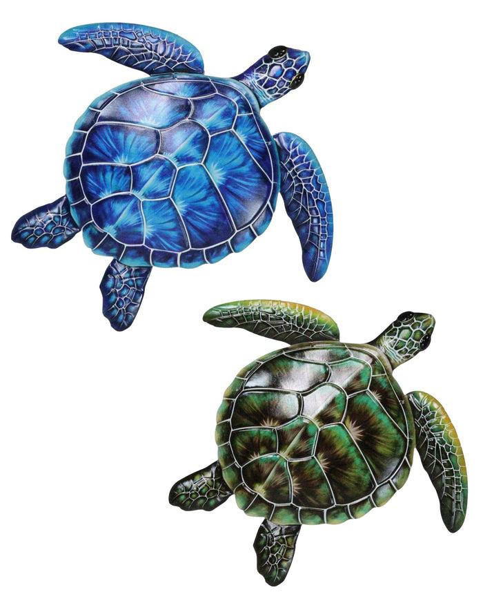 ebros gift Set of 2 Marine Ocean Green And Blue Bermuda Sea Turtle Metal Wall Decor Plaques