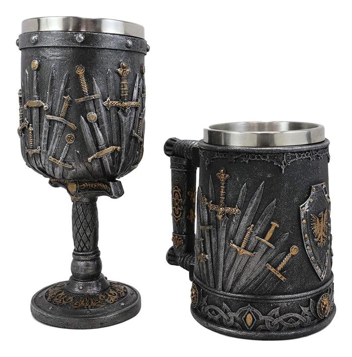 Ebros Gift Set Of 2 Medieval Dragons Iron Throne Of Valyrian Steel Swords Wine Goblet & Mug