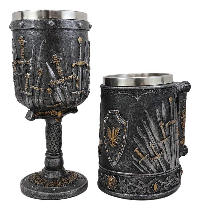 Ebros Gift Set Of 2 Medieval Dragons Iron Throne Of Valyrian Steel Swords Wine Goblet & Mug
