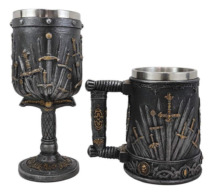 Ebros Gift Set Of 2 Medieval Dragons Iron Throne Of Valyrian Steel Swords Wine Goblet & Mug