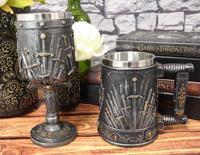 ebros gift Set of 2 Medieval Dragons Iron Throne Of Valyrian Steel Swords Wine Goblet & Mug