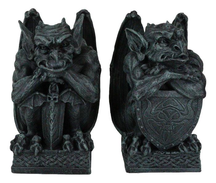 Ebros Gift Set Of 2 Notre Dame Gothic Guardian Gargoyles With Bat Sword & Shield Figurines