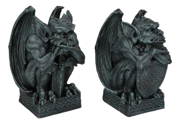 Ebros Gift Set Of 2 Notre Dame Gothic Guardian Gargoyles With Bat Sword & Shield Figurines