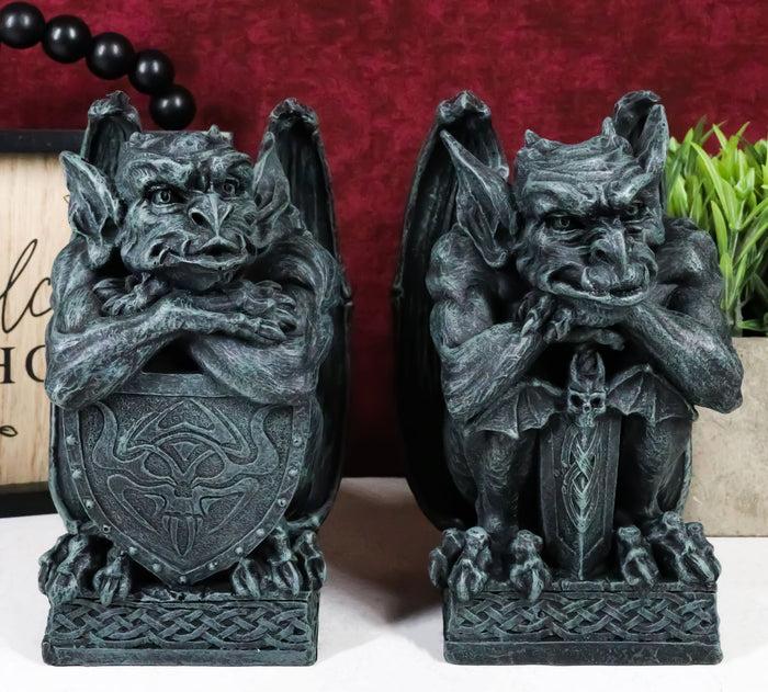 ebros gift Set of 2 Notre Dame Gothic Guardian Gargoyles With Bat Sword & Shield Figurines