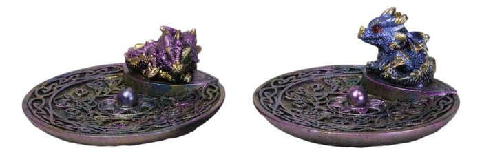 Ebros Gift Set Of 2 Purple Blue Hatchling Dragons Celtic Mandala Knotwork Incense Burners