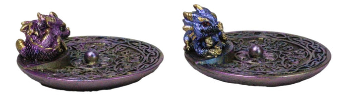 Ebros Gift Set Of 2 Purple Blue Hatchling Dragons Celtic Mandala Knotwork Incense Burners