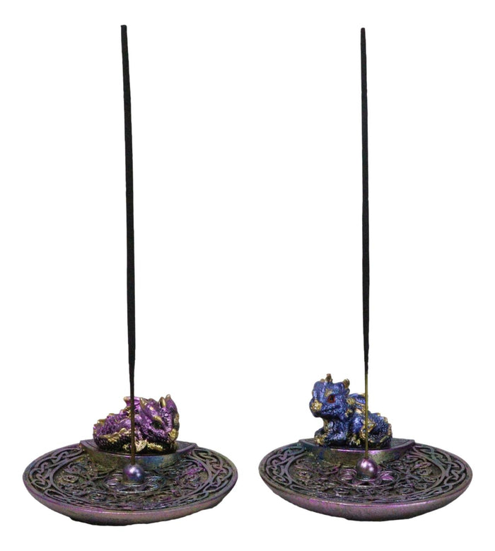Ebros Gift Set Of 2 Purple Blue Hatchling Dragons Celtic Mandala Knotwork Incense Burners
