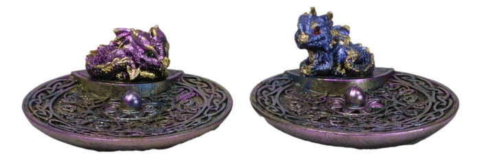 ebros gift Set of 2 Purple Blue Hatchling Dragons Celtic Mandala Knotwork Incense Burners