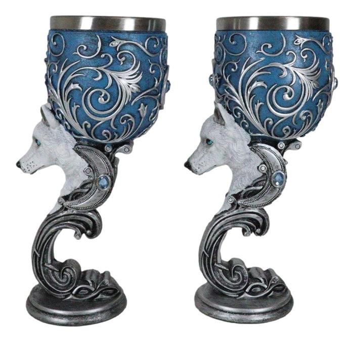 Ebros Gift Set Of 2 Romantic Snow White Wolves Love Hex Heart Baroque Blue Wine Goblets