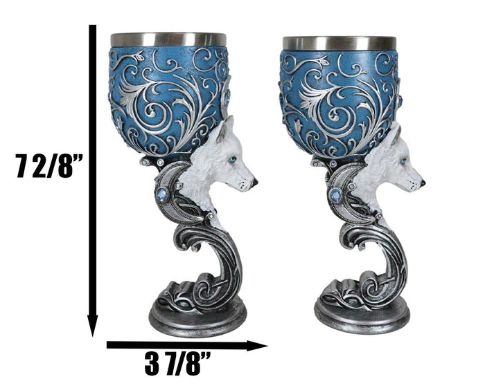 Ebros Gift Set Of 2 Romantic Snow White Wolves Love Hex Heart Baroque Blue Wine Goblets