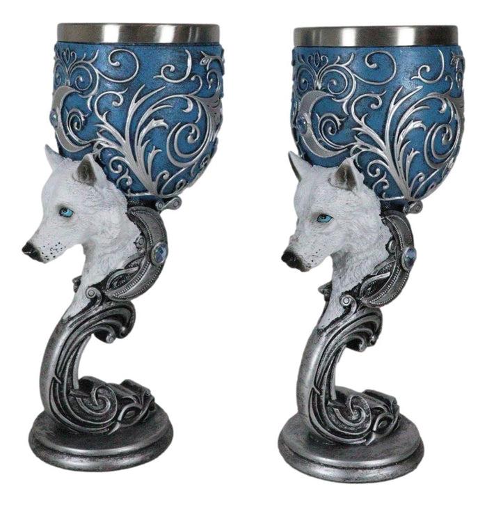 Ebros Gift Set Of 2 Romantic Snow White Wolves Love Hex Heart Baroque Blue Wine Goblets