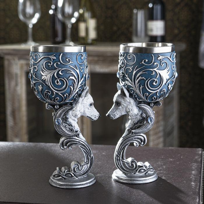 ebros gift Set Of 2 Romantic Snow White Wolves Love Hex Heart Baroque Blue Wine Goblets