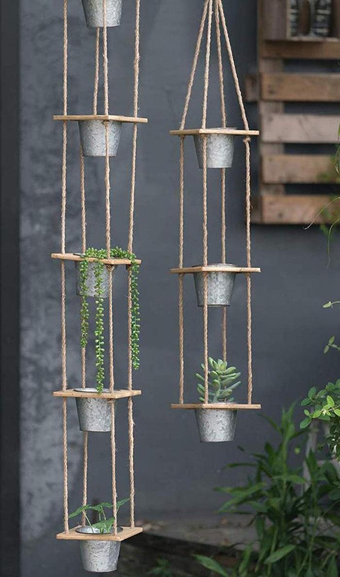 Ebros Gift Set Of 2 Rope Hanging Galvanized Metal 5 Tier Pot Planters For Indoors Outdoors