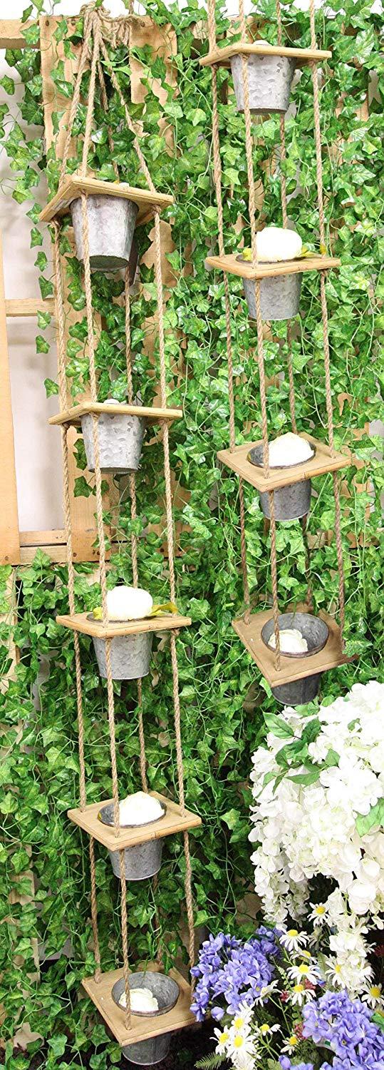 ebros gift Set of 2 Rope Hanging Galvanized Metal 5 Tier Pot Planters For Indoors Outdoors
