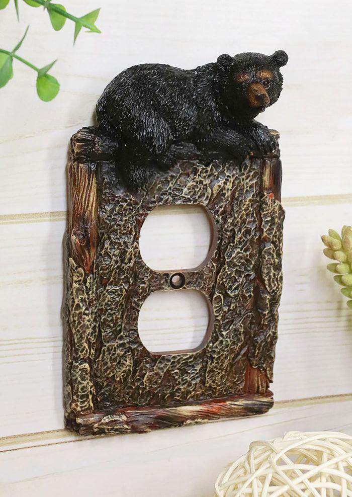 ebros gift Set of 2 Rustic Black Bear In Faux Wood Double Receptacle Wall Outlet Plates