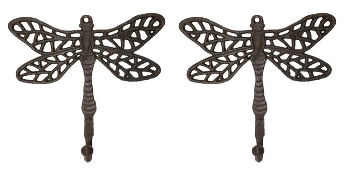 ebros gift Set Of 2 Rustic Cast Iron Dragonfly with Scrollwork Filigree Wings Wall Hooks
