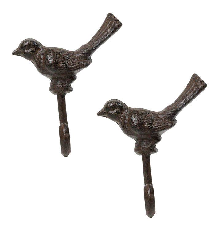 ebros gift Set Of 2 Rustic Cast Iron Morning Song Bird On Branch Wall Coat Towel Hook Decor