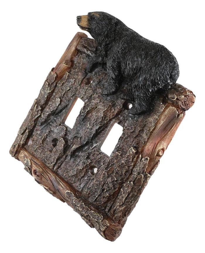 Ebros Gift Set Of 2 Rustic Faux Tree Bark With Black Bear Double Toggle Wall Switch Plates
