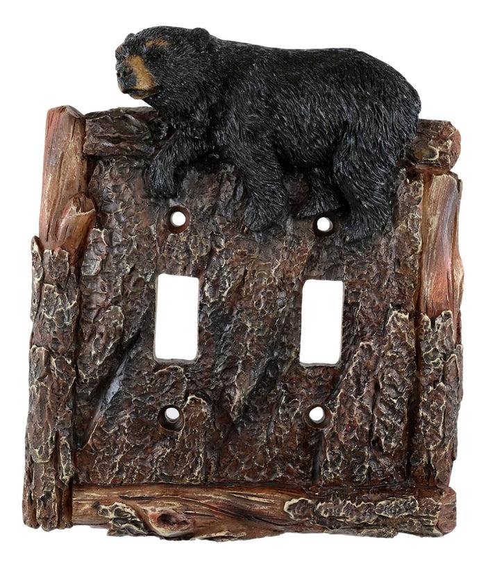 Ebros Gift Set Of 2 Rustic Faux Tree Bark With Black Bear Double Toggle Wall Switch Plates