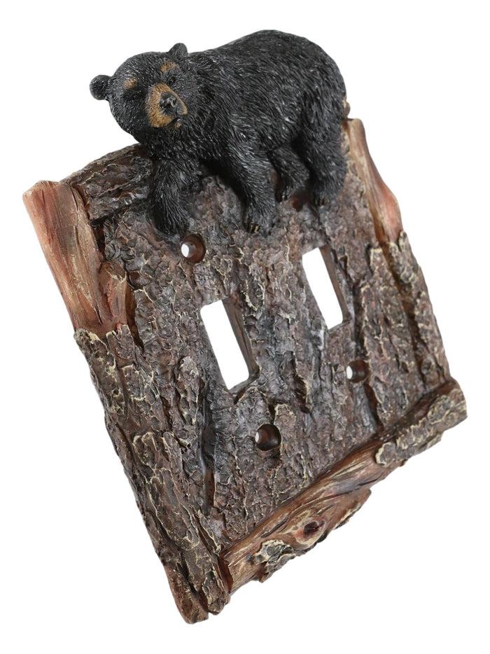 Ebros Gift Set Of 2 Rustic Faux Tree Bark With Black Bear Double Toggle Wall Switch Plates