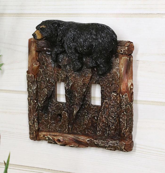 ebros gift Set of 2 Rustic Faux Tree Bark With Black Bear Double Toggle Wall Switch Plates