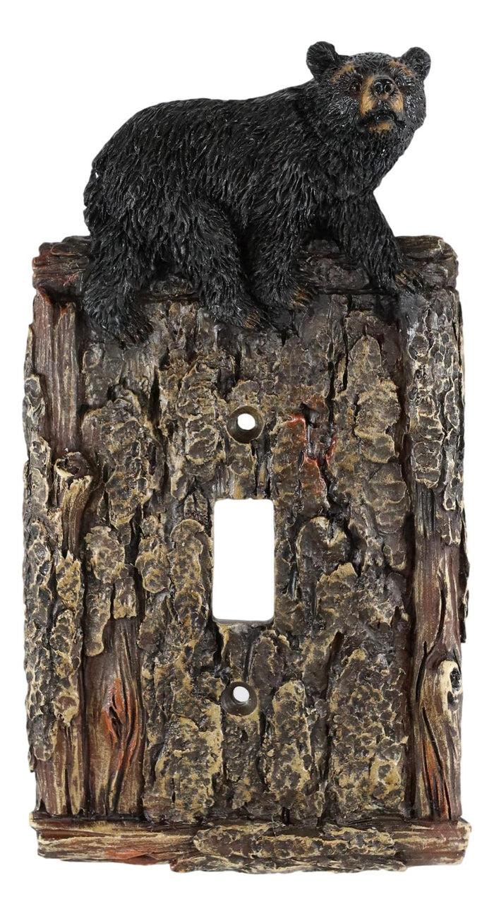 Ebros Gift Set Of 2 Rustic Faux Tree Bark With Black Bear Single Toggle Wall Switch Plates