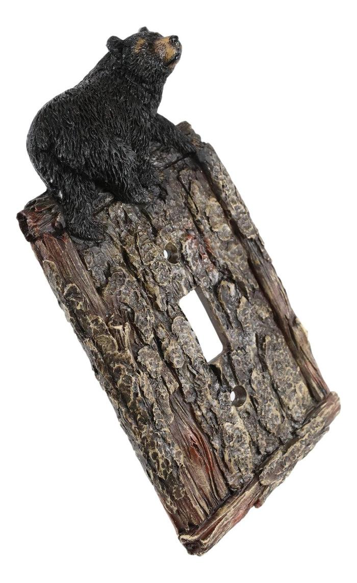 Ebros Gift Set Of 2 Rustic Faux Tree Bark With Black Bear Single Toggle Wall Switch Plates