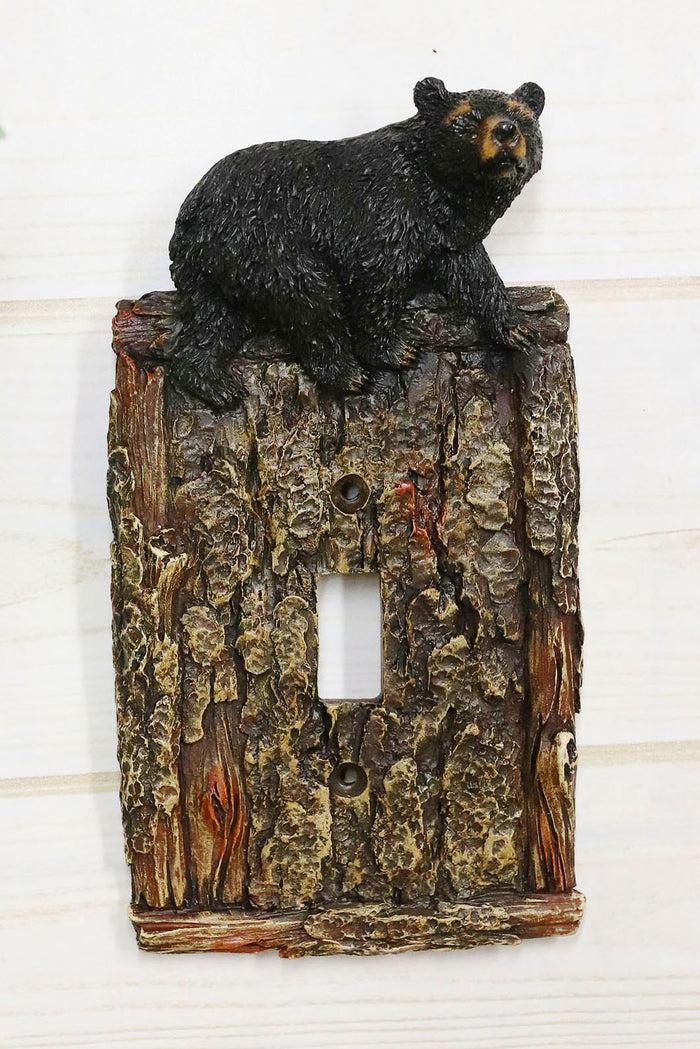 ebros gift Set of 2 Rustic Faux Tree Bark With Black Bear Single Toggle Wall Switch Plates