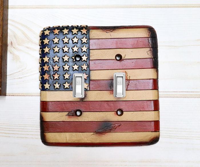 ebros gift Set of 2 Rustic Patriotic USA American Flag Wall Double Toggle Switch Plates
