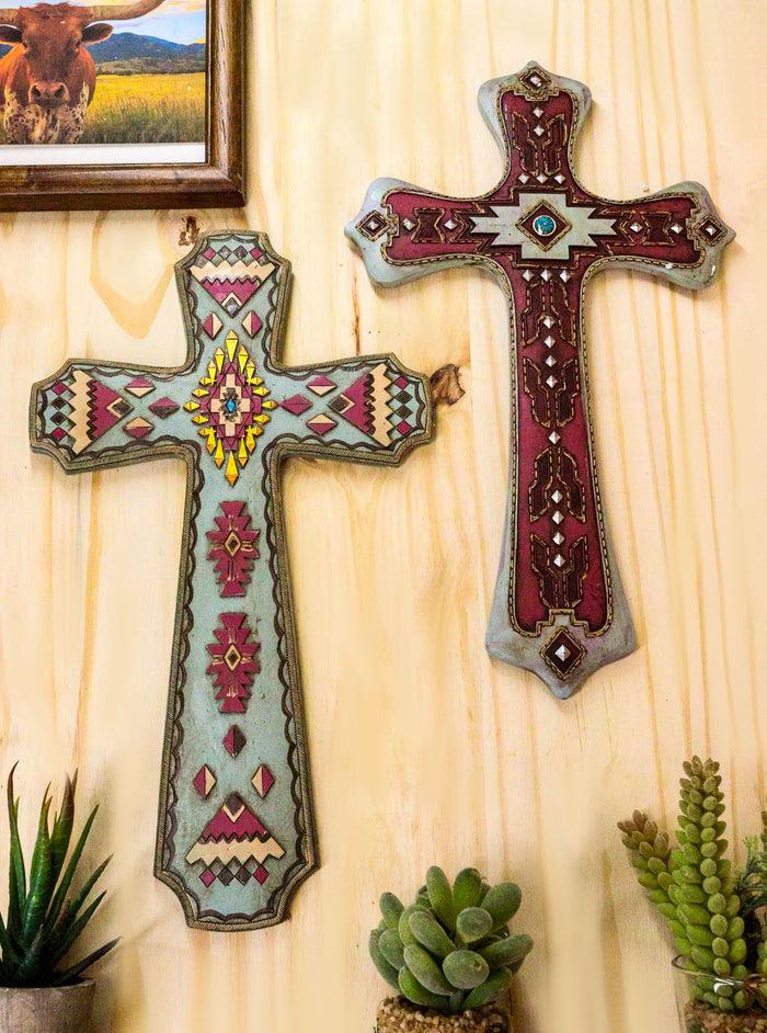 ebros gift Set of 2 Rustic Southwestern Boho Aztec Mayan Tribal Vector Symbols Wall Crosses