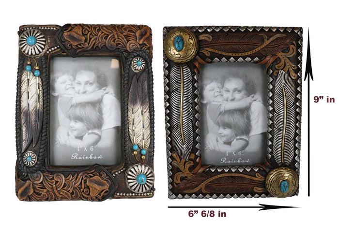 Ebros Gift Set Of 2 Rustic Southwestern Boho Feathers Turquoise Gems Scroll Picture Frames