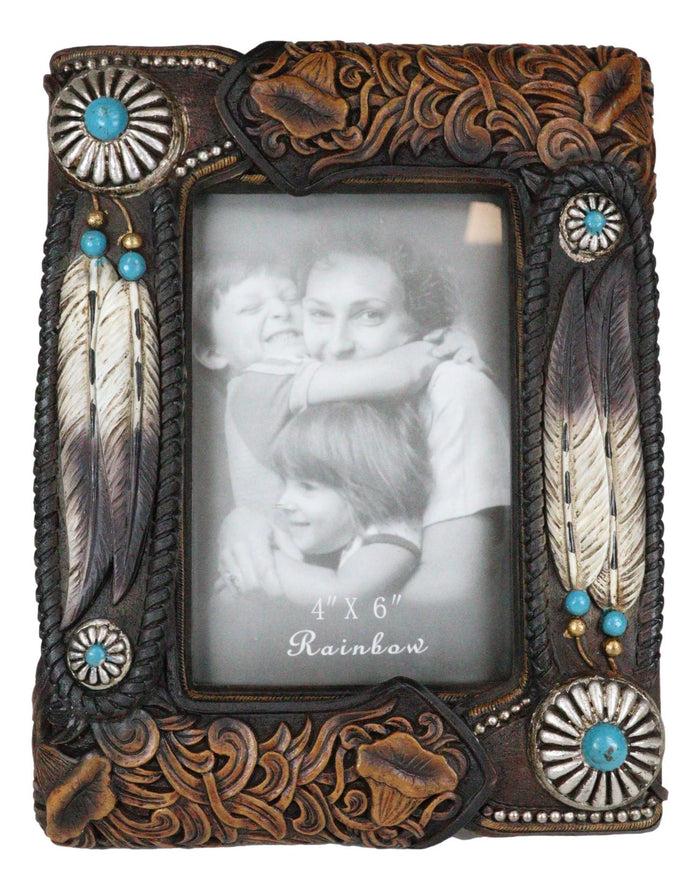 Ebros Gift Set Of 2 Rustic Southwestern Boho Feathers Turquoise Gems Scroll Picture Frames