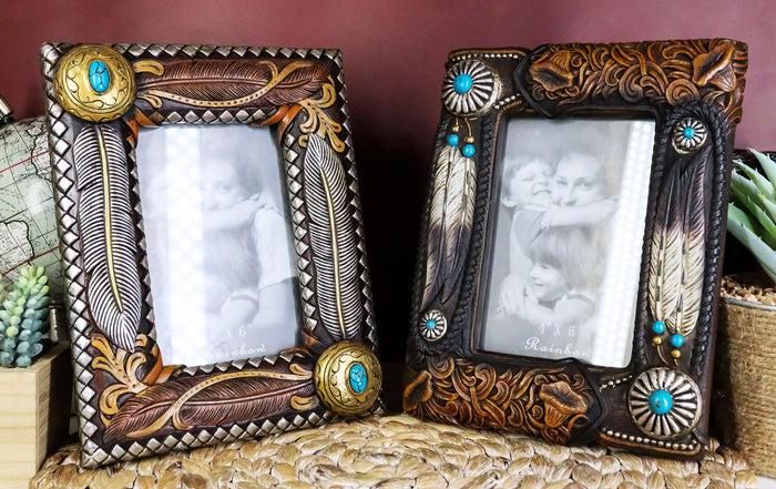 ebros gift Set Of 2 Rustic Southwestern Boho Feathers Turquoise Gems Scroll Picture Frames