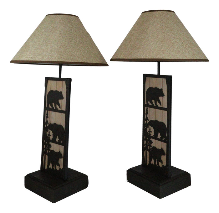 Ebros Gift Set Of 2 Rustic Western Black Bears In Forest Wood Metal Bedside Table Lamps