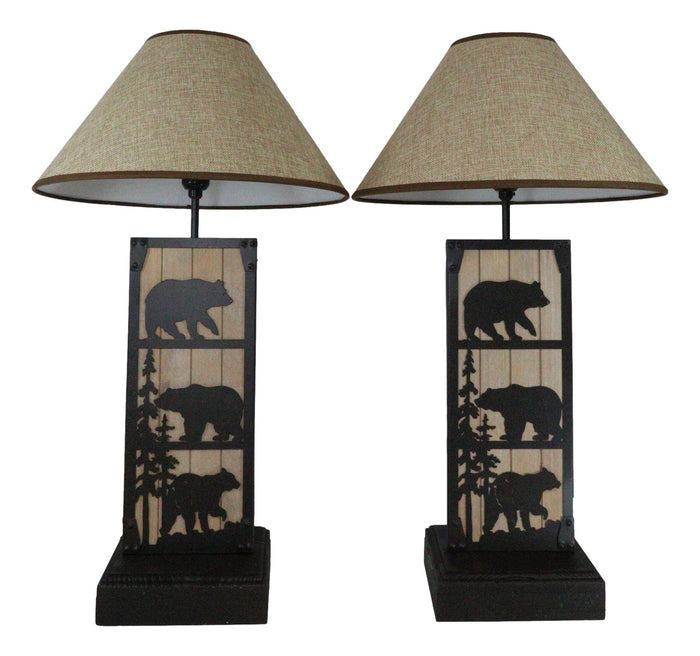 Ebros Gift Set Of 2 Rustic Western Black Bears In Forest Wood Metal Bedside Table Lamps