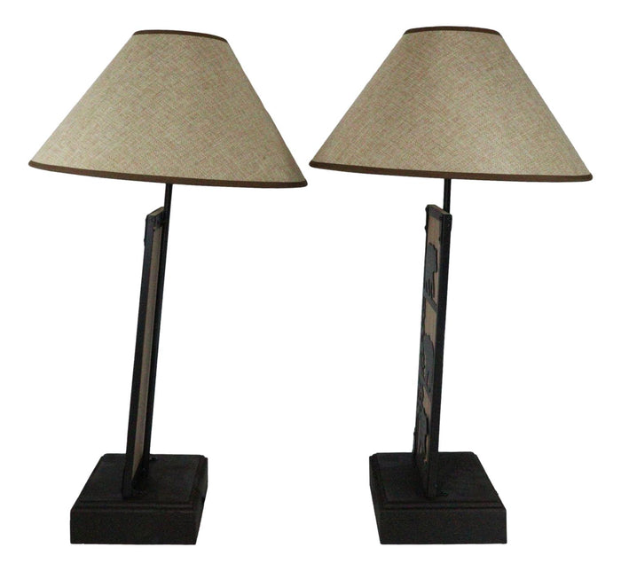 Ebros Gift Set Of 2 Rustic Western Black Bears In Forest Wood Metal Bedside Table Lamps