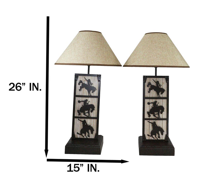 Ebros Gift Set Of 2 Rustic Western Cowboy On Giddy Up Horse Wood Metal Bedside Table Lamps