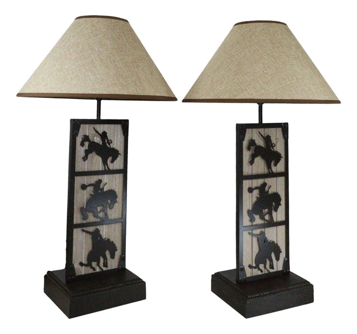 Ebros Gift Set Of 2 Rustic Western Cowboy On Giddy Up Horse Wood Metal Bedside Table Lamps
