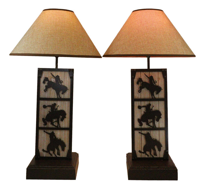 ebros gift Set of 2 Rustic Western Cowboy On Giddy Up Horse Wood Metal Bedside Table Lamps