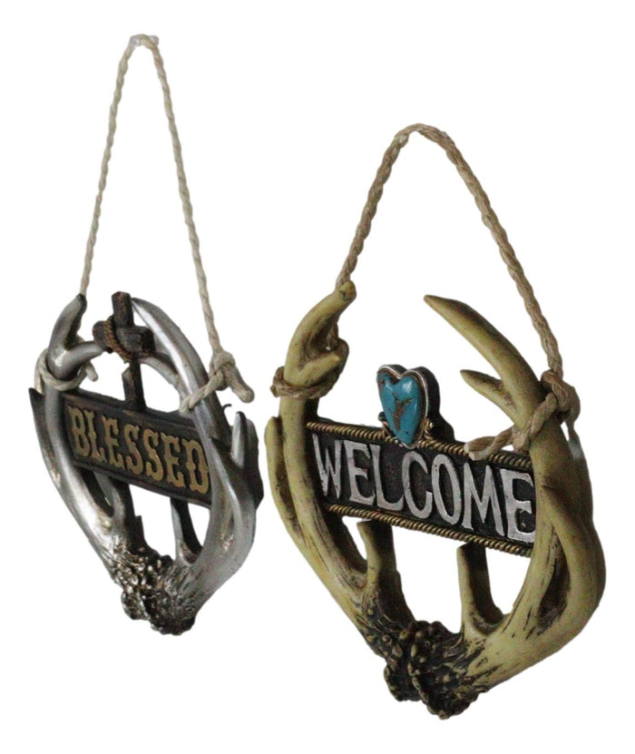 Ebros Gift Set Of 2 Rustic Western Deer Antlers Blessed And Welcome Wall Signs Ornaments