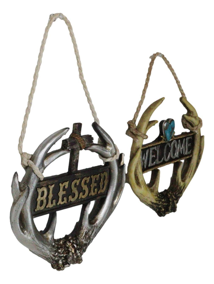 Ebros Gift Set Of 2 Rustic Western Deer Antlers Blessed And Welcome Wall Signs Ornaments