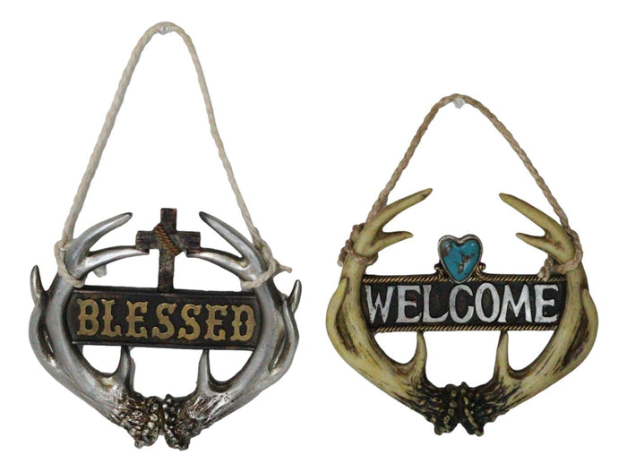 ebros gift Set of 2 Rustic Western Deer Antlers Blessed And Welcome Wall Signs Ornaments