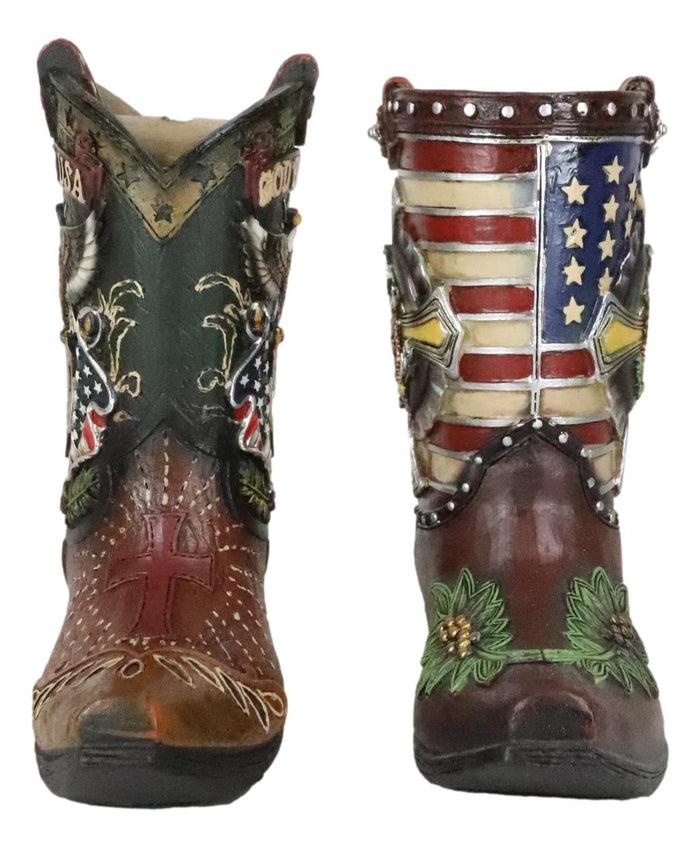 Ebros Gift Set Of 2 Rustic Western Patriotic USA Flag Military Cowboy Boot Money Banks