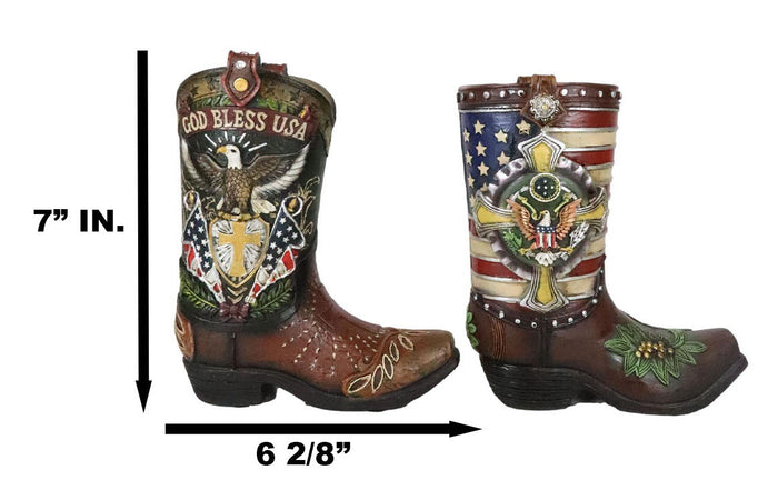 Ebros Gift Set Of 2 Rustic Western Patriotic USA Flag Military Cowboy Boot Money Banks