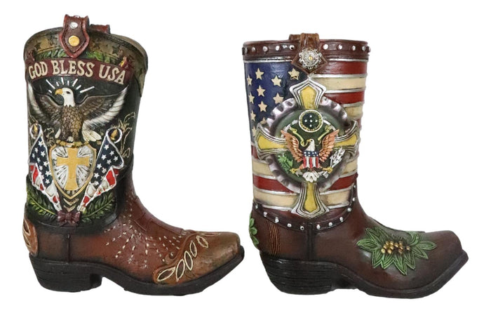 Ebros Gift Set Of 2 Rustic Western Patriotic USA Flag Military Cowboy Boot Money Banks