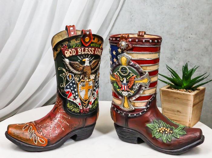 ebros gift Set Of 2 Rustic Western Patriotic USA Flag Military Cowboy Boot Money Banks